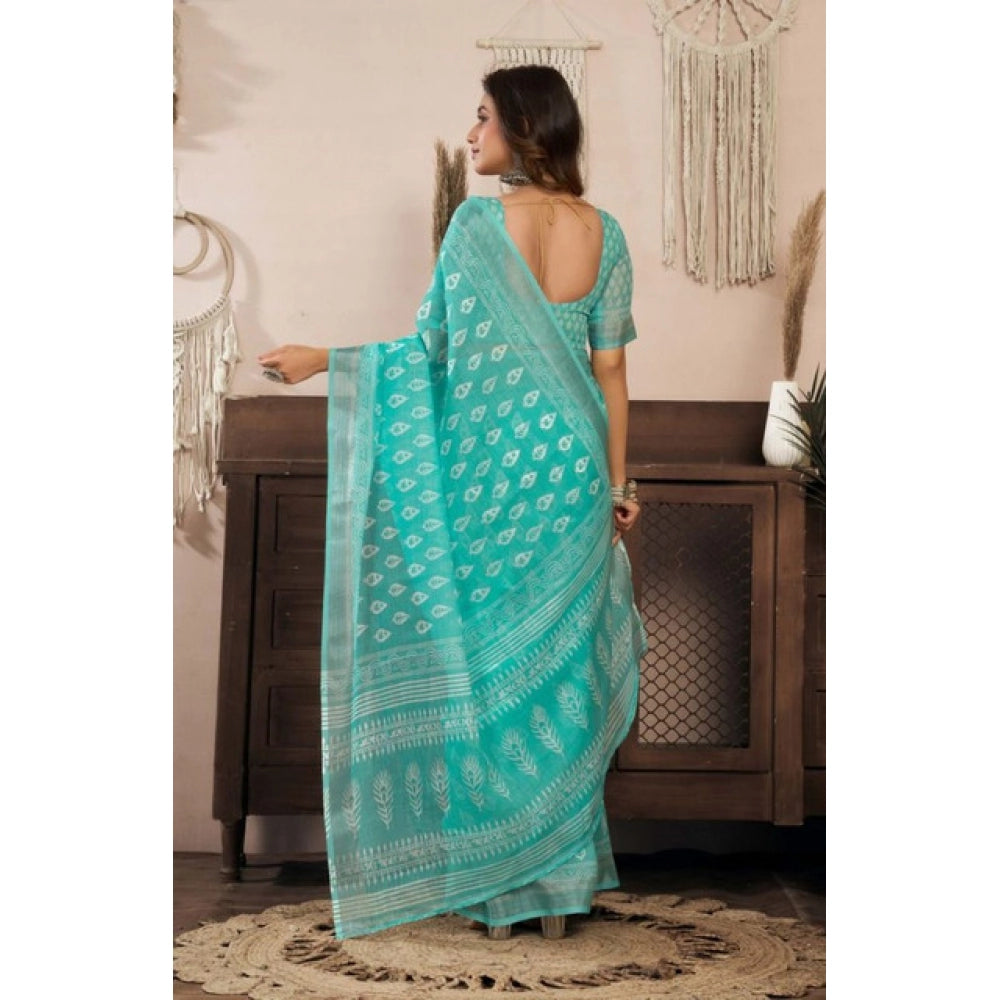 Women's Faux Linen Leaf Print Ready to wear Saree With Unstitched Blouse 5.5Mtr (SeaGreen) - VANSHELLE