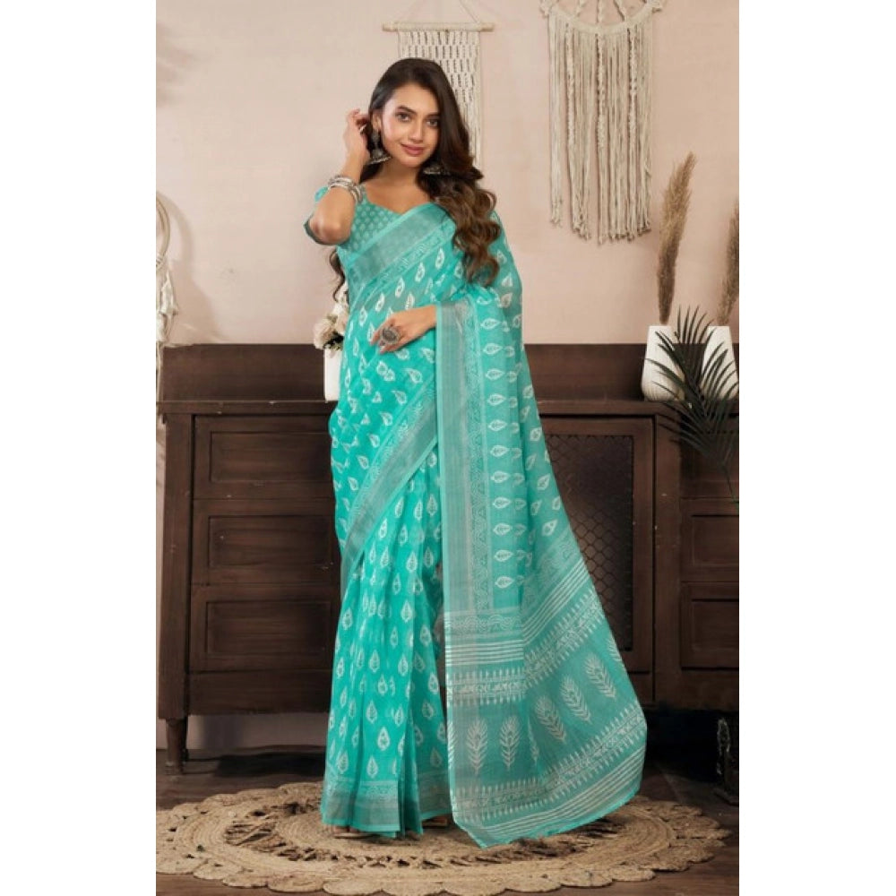 Women's Faux Linen Leaf Print Ready to wear Saree With Unstitched Blouse 5.5Mtr (SeaGreen) - VANSHELLE