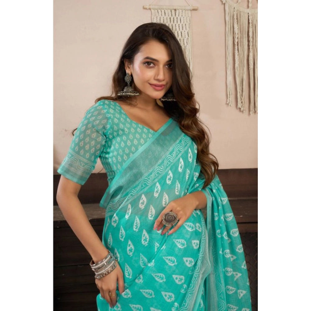 Women's Faux Linen Leaf Print Ready to wear Saree With Unstitched Blouse 5.5Mtr (SeaGreen) - VANSHELLE