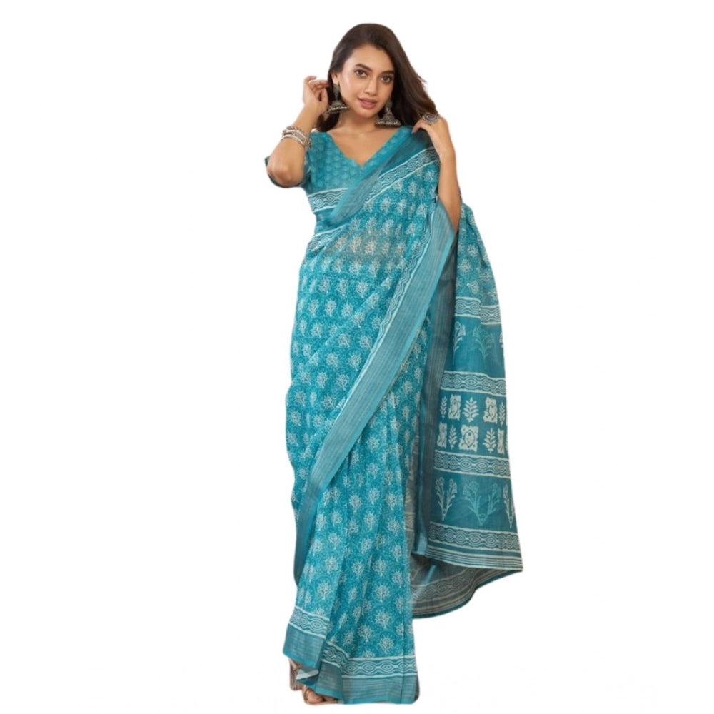 Women's Faux Linen Floral Print Ready to wear Saree With Unstitched Blouse 5.5Mtr (AquaBlue) - VANSHELLE