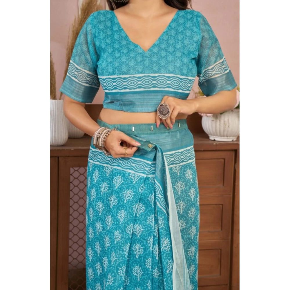 Women's Faux Linen Floral Print Ready to wear Saree With Unstitched Blouse 5.5Mtr (AquaBlue) - VANSHELLE