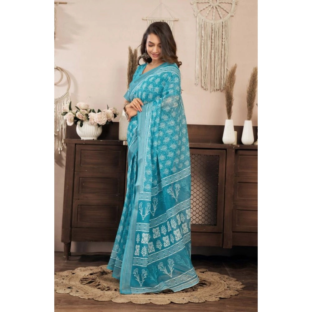 Women's Faux Linen Floral Print Ready to wear Saree With Unstitched Blouse 5.5Mtr (AquaBlue) - VANSHELLE