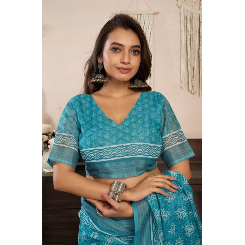 Women's Faux Linen Floral Print Ready to wear Saree With Unstitched Blouse 5.5Mtr (AquaBlue) - VANSHELLE