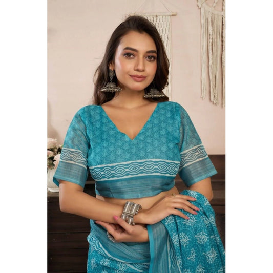Women's Faux Linen Floral Print Ready to wear Saree With Unstitched Blouse 5.5Mtr (AquaBlue) - VANSHELLE