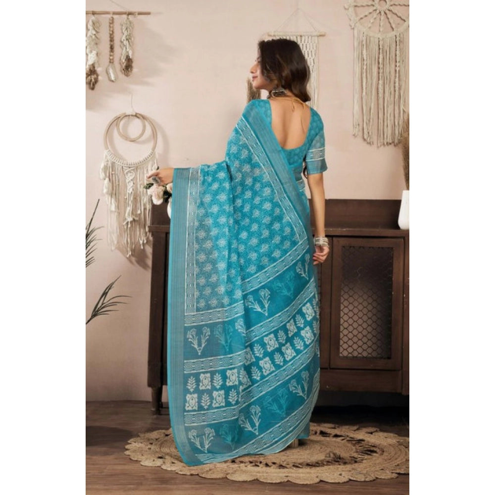 Women's Faux Linen Floral Print Ready to wear Saree With Unstitched Blouse 5.5Mtr (AquaBlue) - VANSHELLE