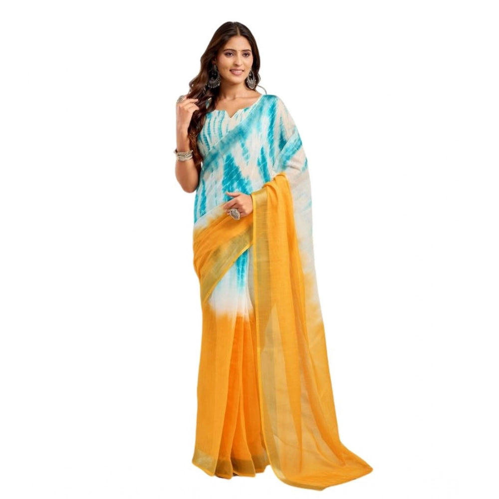 Women's Faux Linen Abstract Print Ready to wear Saree With Unstitched Blouse 5.5Mtr (Multicolor) - VANSHELLE