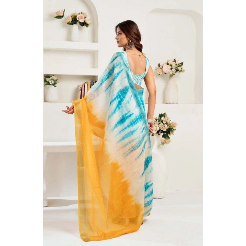Women's Faux Linen Abstract Print Ready to wear Saree With Unstitched Blouse 5.5Mtr (Multicolor) - VANSHELLE