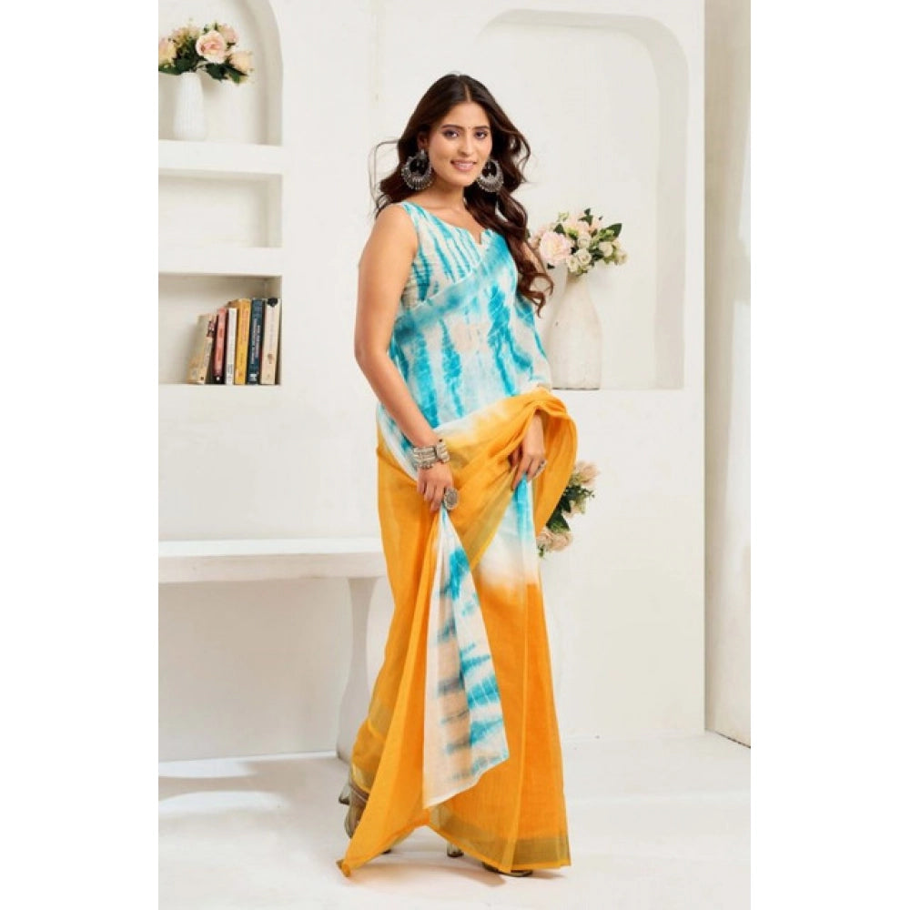 Women's Faux Linen Abstract Print Ready to wear Saree With Unstitched Blouse 5.5Mtr (Multicolor) - VANSHELLE