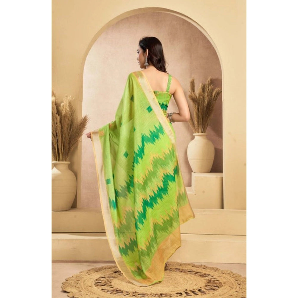 Women's Faux Linen Floral Print Ready to wear Saree With Unstitched Blouse 5.5Mtr (Green) - VANSHELLE