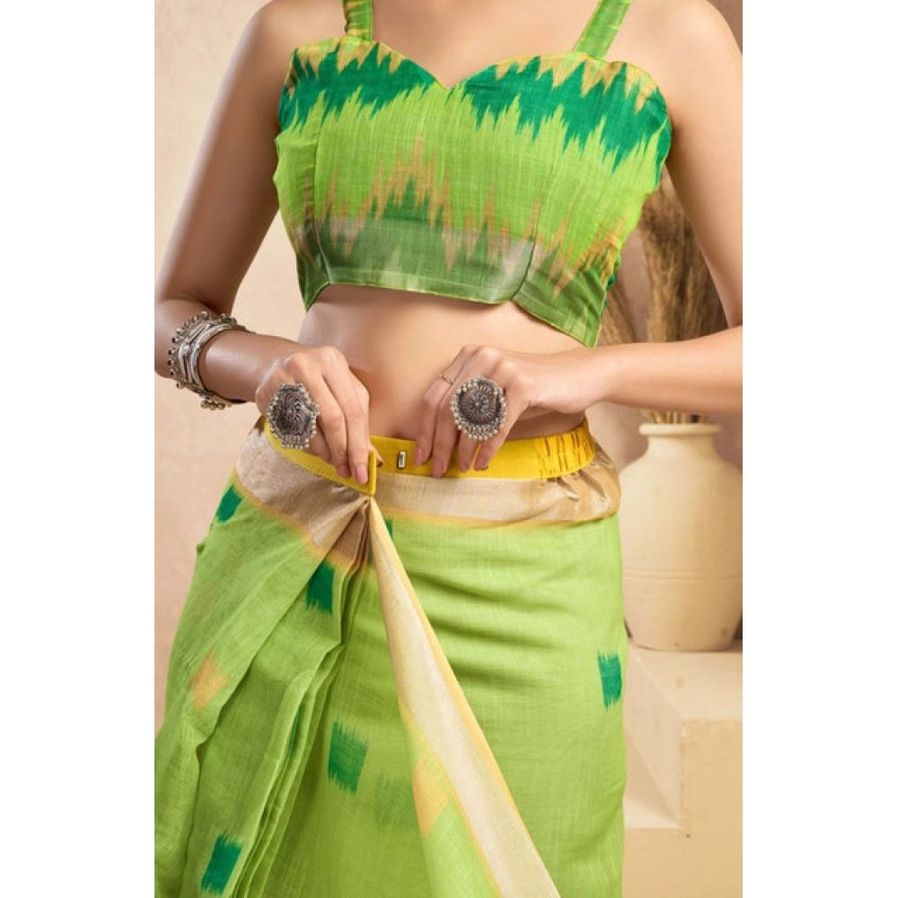 Women's Faux Linen Floral Print Ready to wear Saree With Unstitched Blouse 5.5Mtr (Green) - VANSHELLE