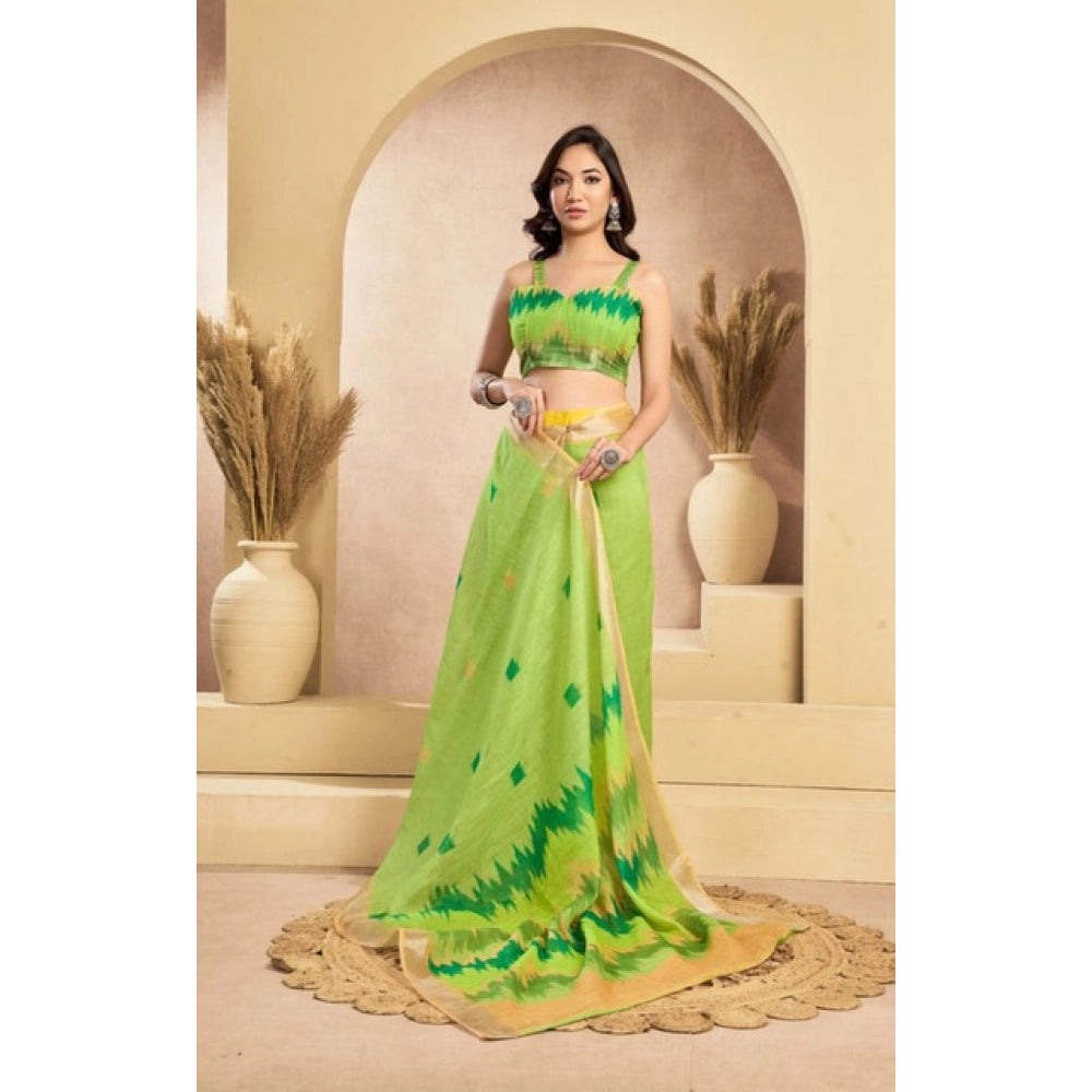 Women's Faux Linen Floral Print Ready to wear Saree With Unstitched Blouse 5.5Mtr (Green) - VANSHELLE