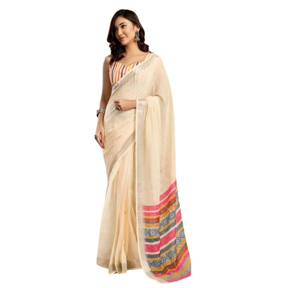 Women's Faux Linen Floral Print Ready to wear Saree With Unstitched Blouse 5.5Mtr (Cream) - VANSHELLE