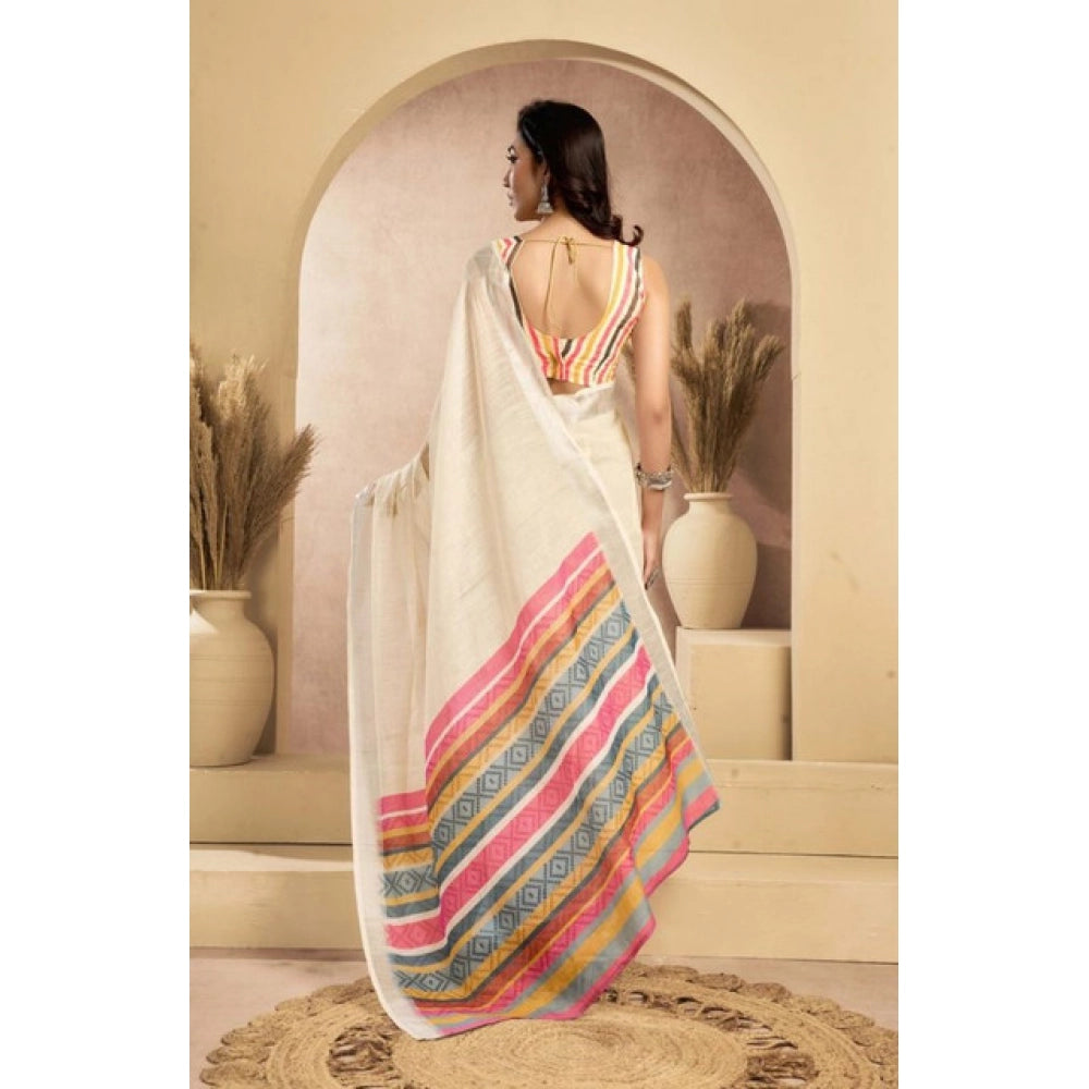 Women's Faux Linen Floral Print Ready to wear Saree With Unstitched Blouse 5.5Mtr (Cream) - VANSHELLE