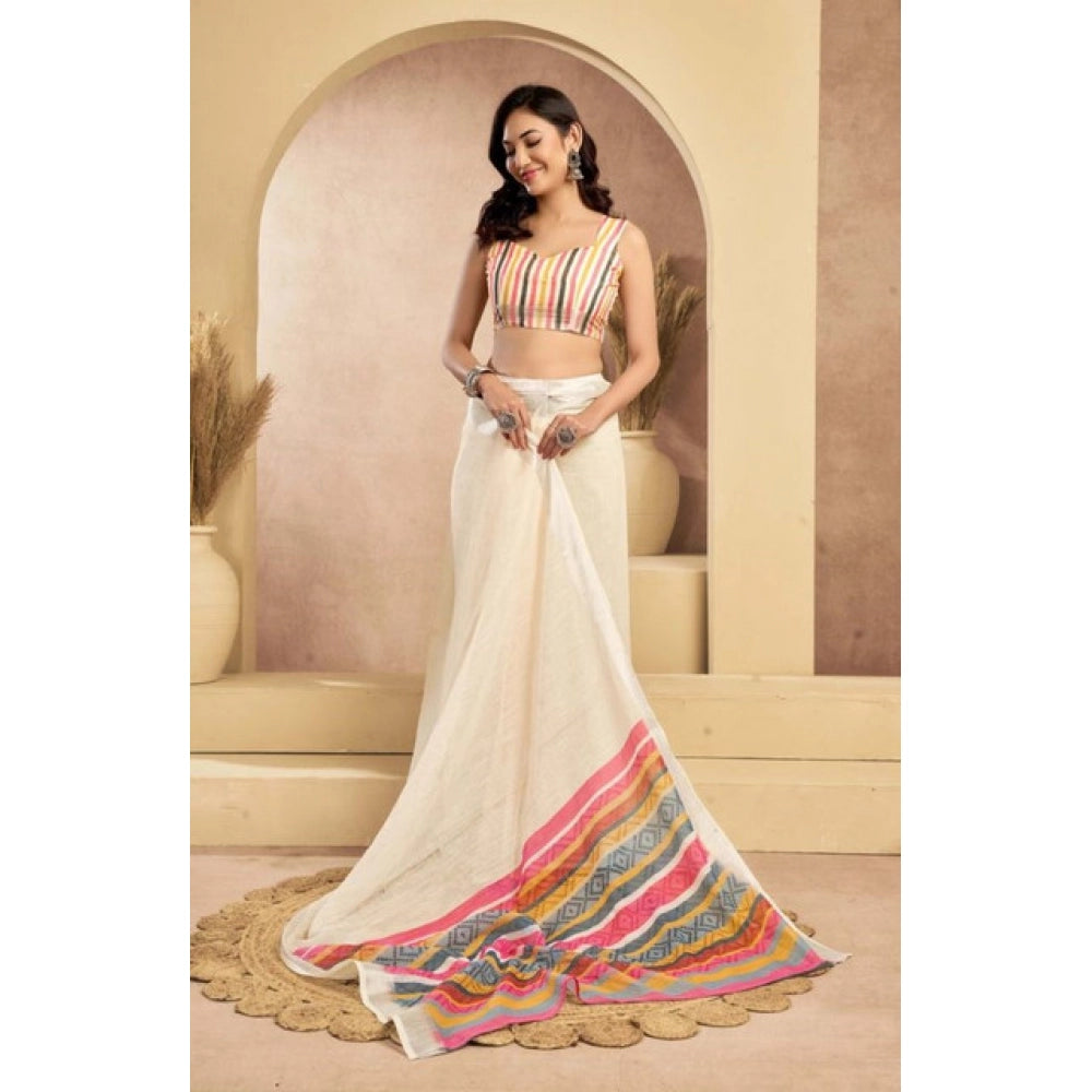 Women's Faux Linen Floral Print Ready to wear Saree With Unstitched Blouse 5.5Mtr (Cream) - VANSHELLE