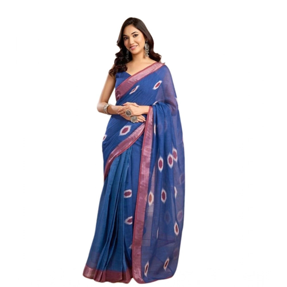 Women's Faux Linen Printed Ready to wear Saree With Unstitched Blouse 5.5Mtr (Blue) - VANSHELLE