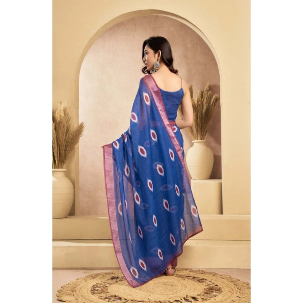 Women's Faux Linen Printed Ready to wear Saree With Unstitched Blouse 5.5Mtr (Blue) - VANSHELLE