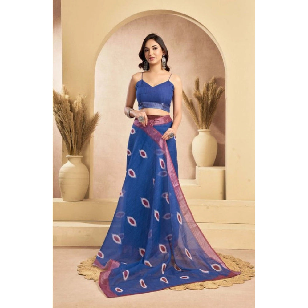 Women's Faux Linen Printed Ready to wear Saree With Unstitched Blouse 5.5Mtr (Blue) - VANSHELLE