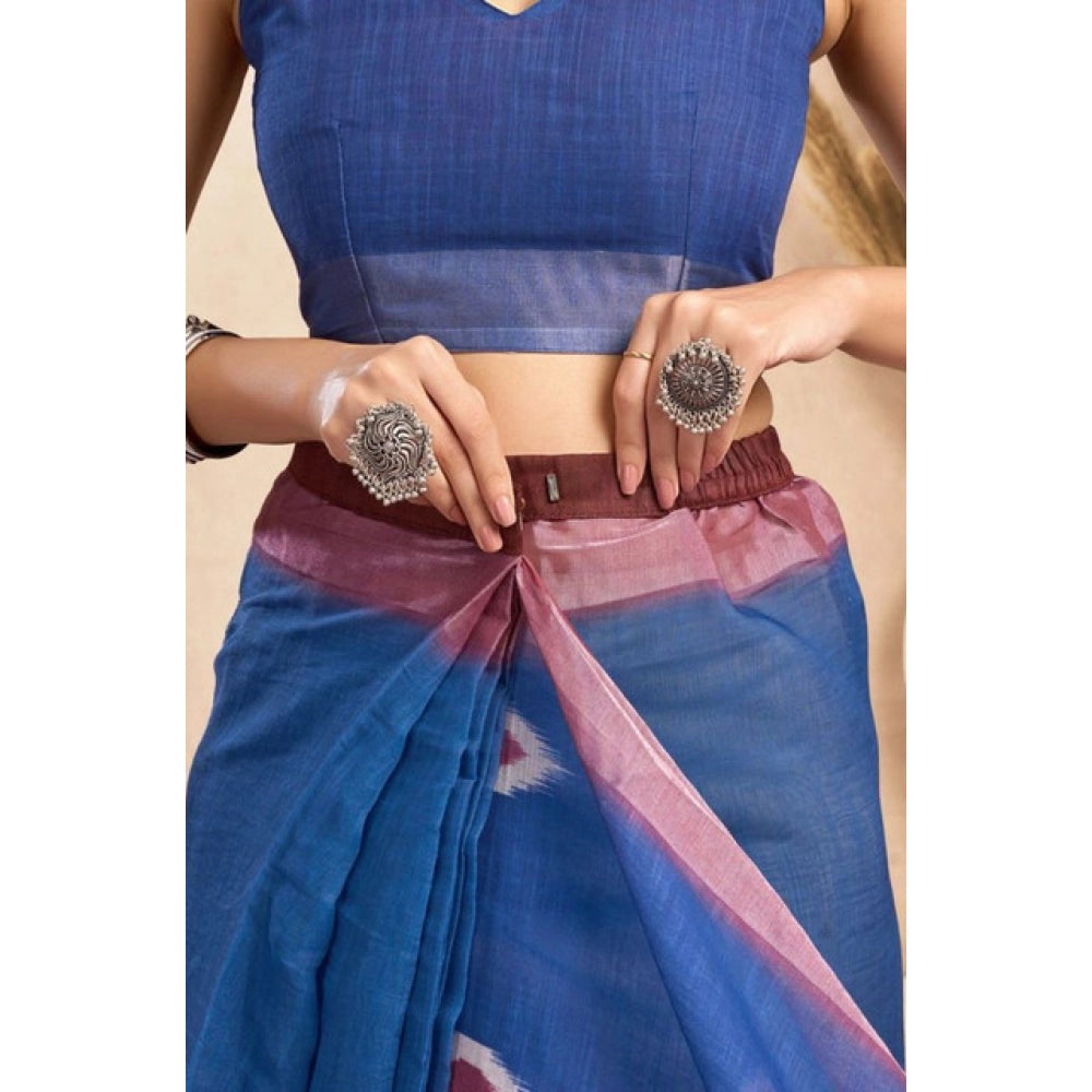 Women's Faux Linen Printed Ready to wear Saree With Unstitched Blouse 5.5Mtr (Blue) - VANSHELLE