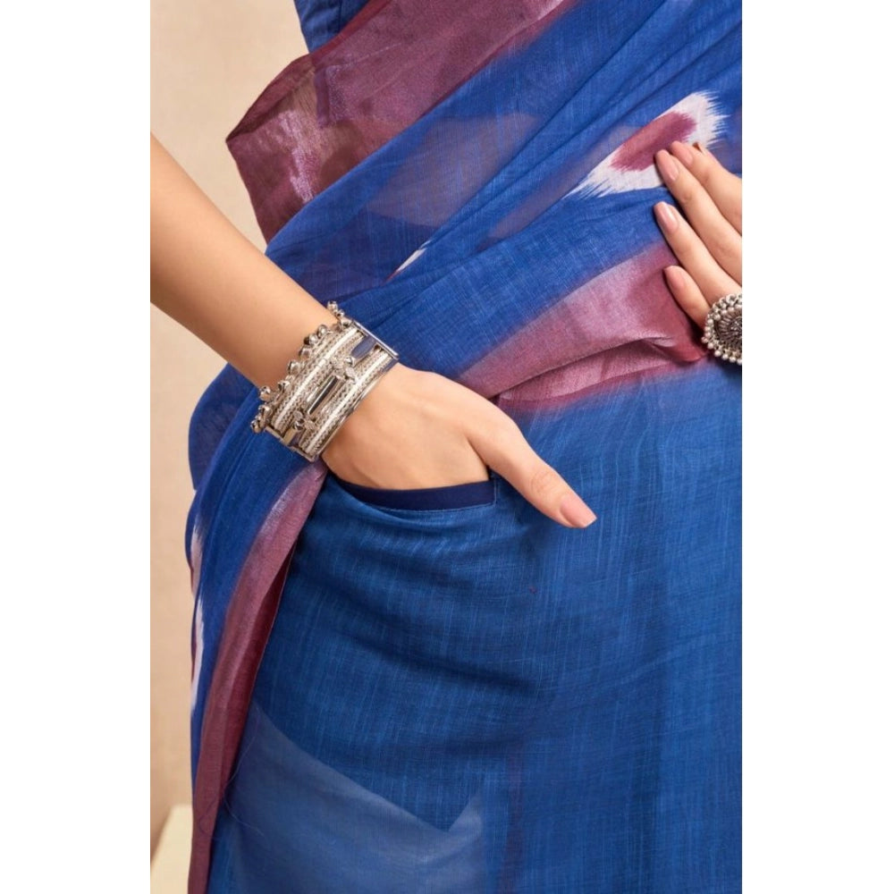 Women's Faux Linen Printed Ready to wear Saree With Unstitched Blouse 5.5Mtr (Blue) - VANSHELLE
