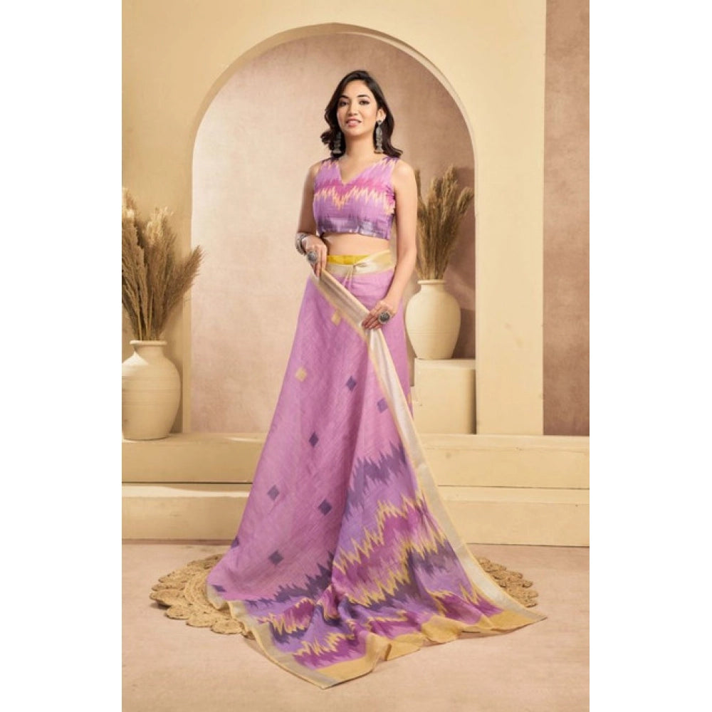 Women's Faux Linen Floral Ready to wear Saree With Unstitched Blouse 5.5Mtr (Lavender) - VANSHELLE