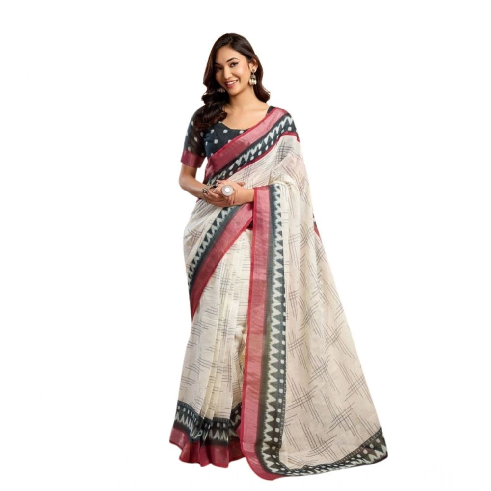 Women's Faux Linen Floral Print Ready to wear Saree With Unstitched Blouse 5.5Mtr (OffWhite) - VANSHELLE