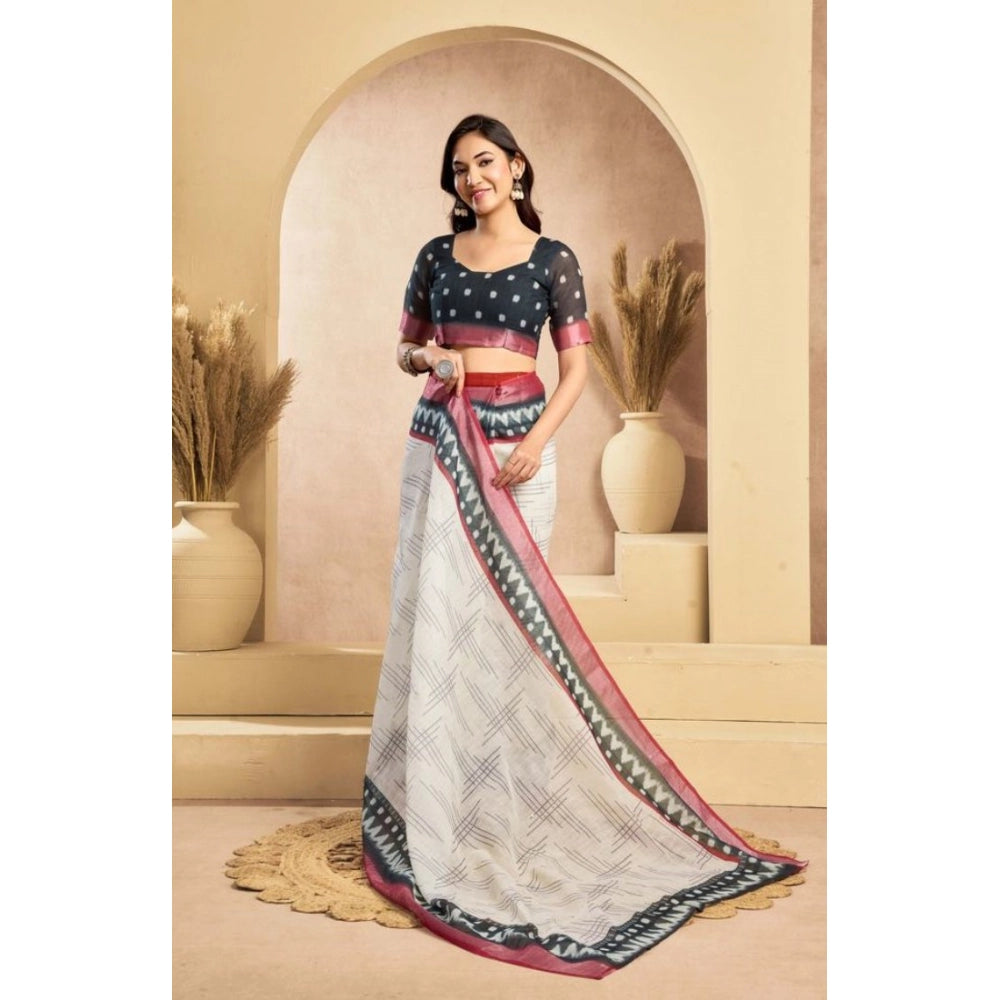 Women's Faux Linen Floral Print Ready to wear Saree With Unstitched Blouse 5.5Mtr (OffWhite) - VANSHELLE