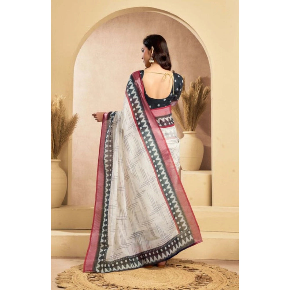 Women's Faux Linen Floral Print Ready to wear Saree With Unstitched Blouse 5.5Mtr (OffWhite) - VANSHELLE