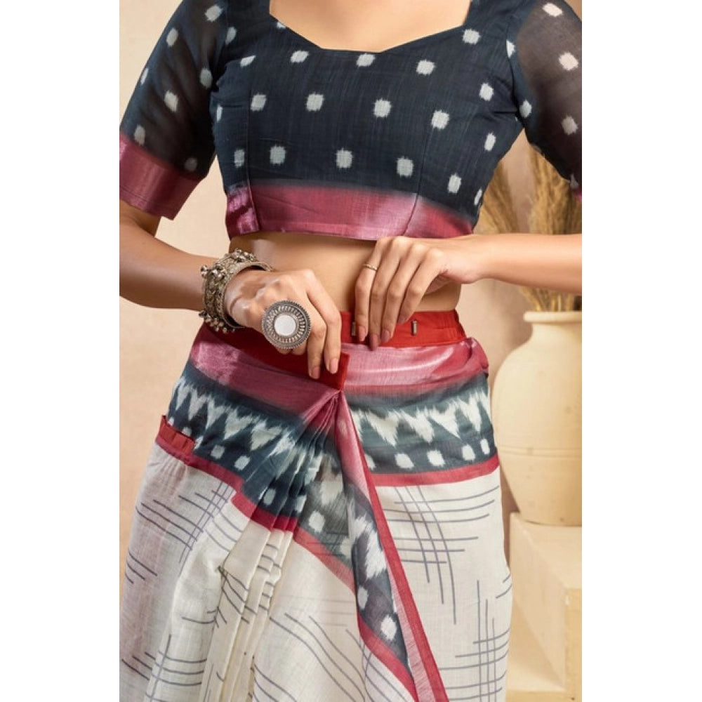 Women's Faux Linen Floral Print Ready to wear Saree With Unstitched Blouse 5.5Mtr (OffWhite) - VANSHELLE