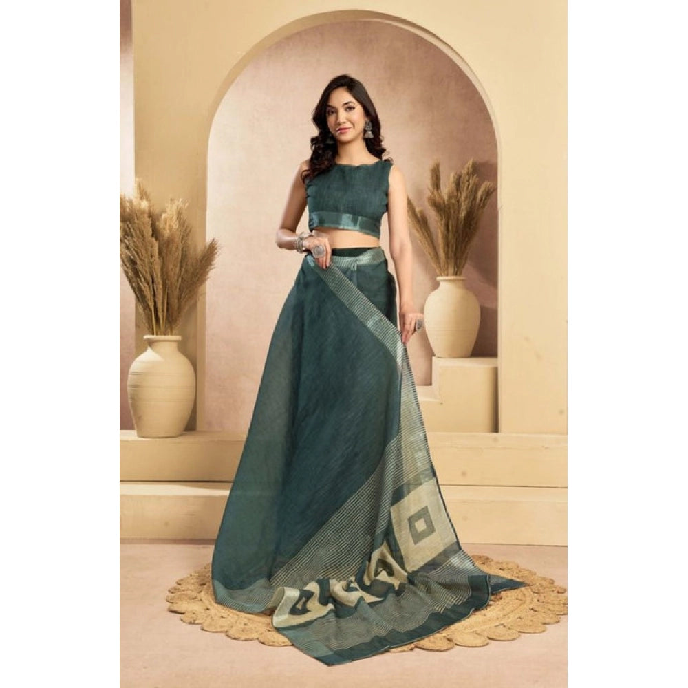 Women's Faux Linen Floral Ready to wear Saree With Unstitched Blouse 5.5Mtr (Light_Teal) - VANSHELLE