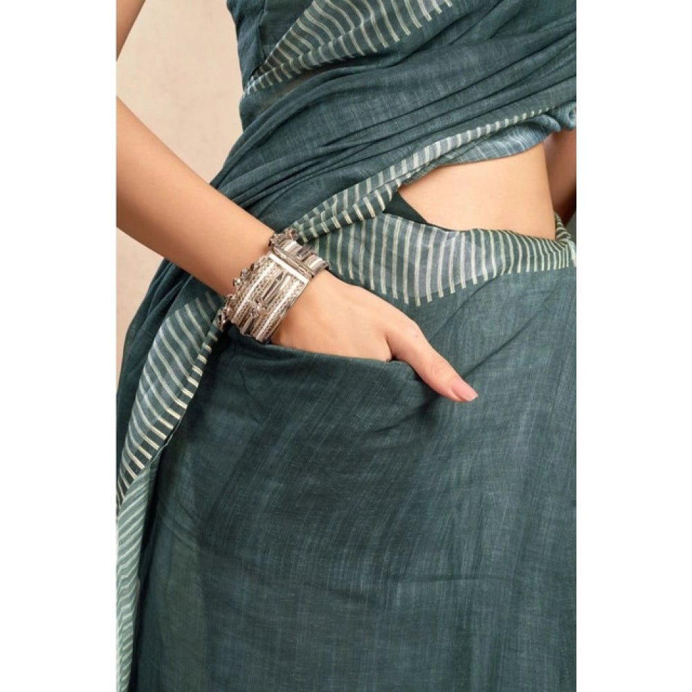 Women's Faux Linen Floral Ready to wear Saree With Unstitched Blouse 5.5Mtr (Light_Teal) - VANSHELLE