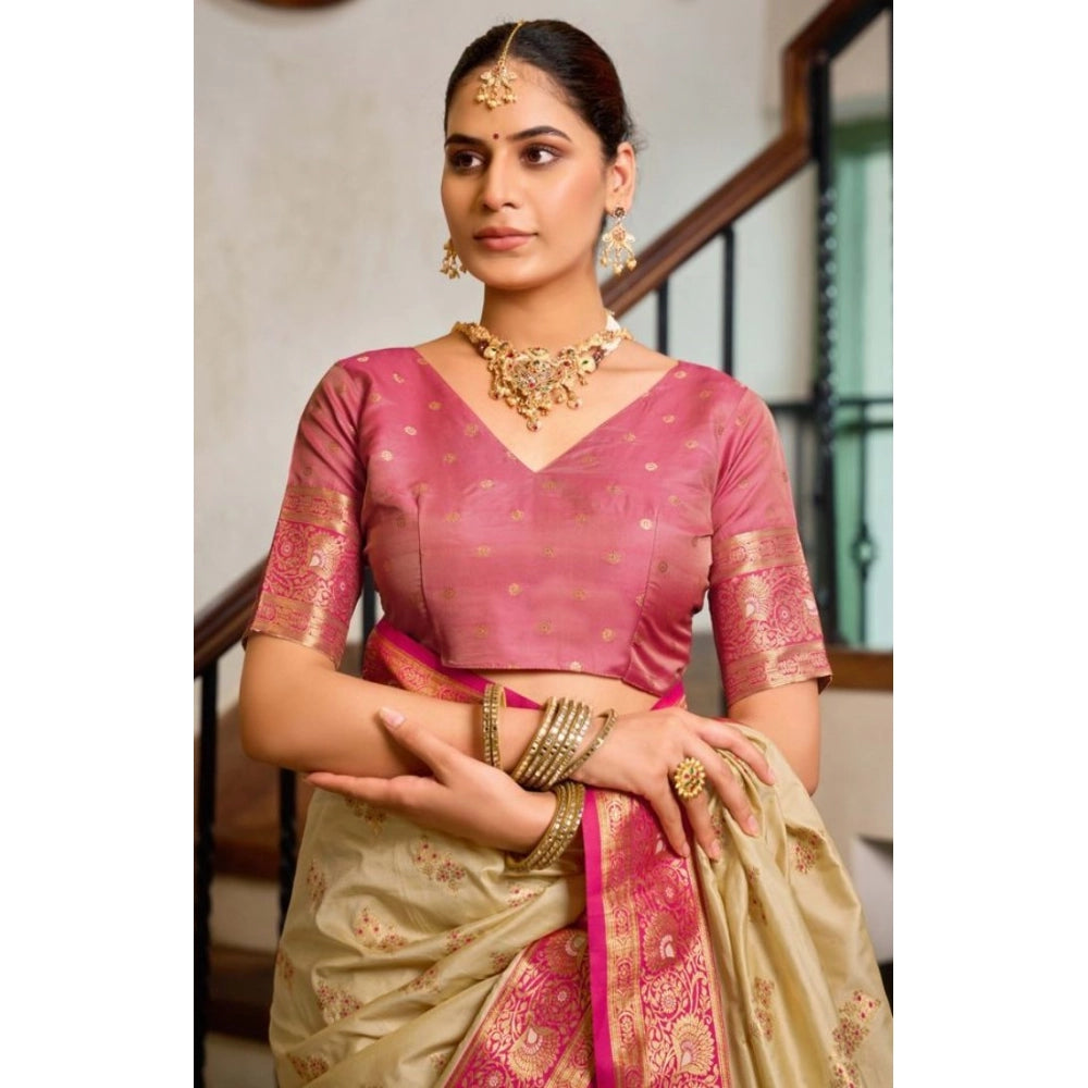 Women's Silk Blend Booti Work Ready to wear Saree With Unstitched Blouse 5.5Mtr (LightBeige) - VANSHELLE