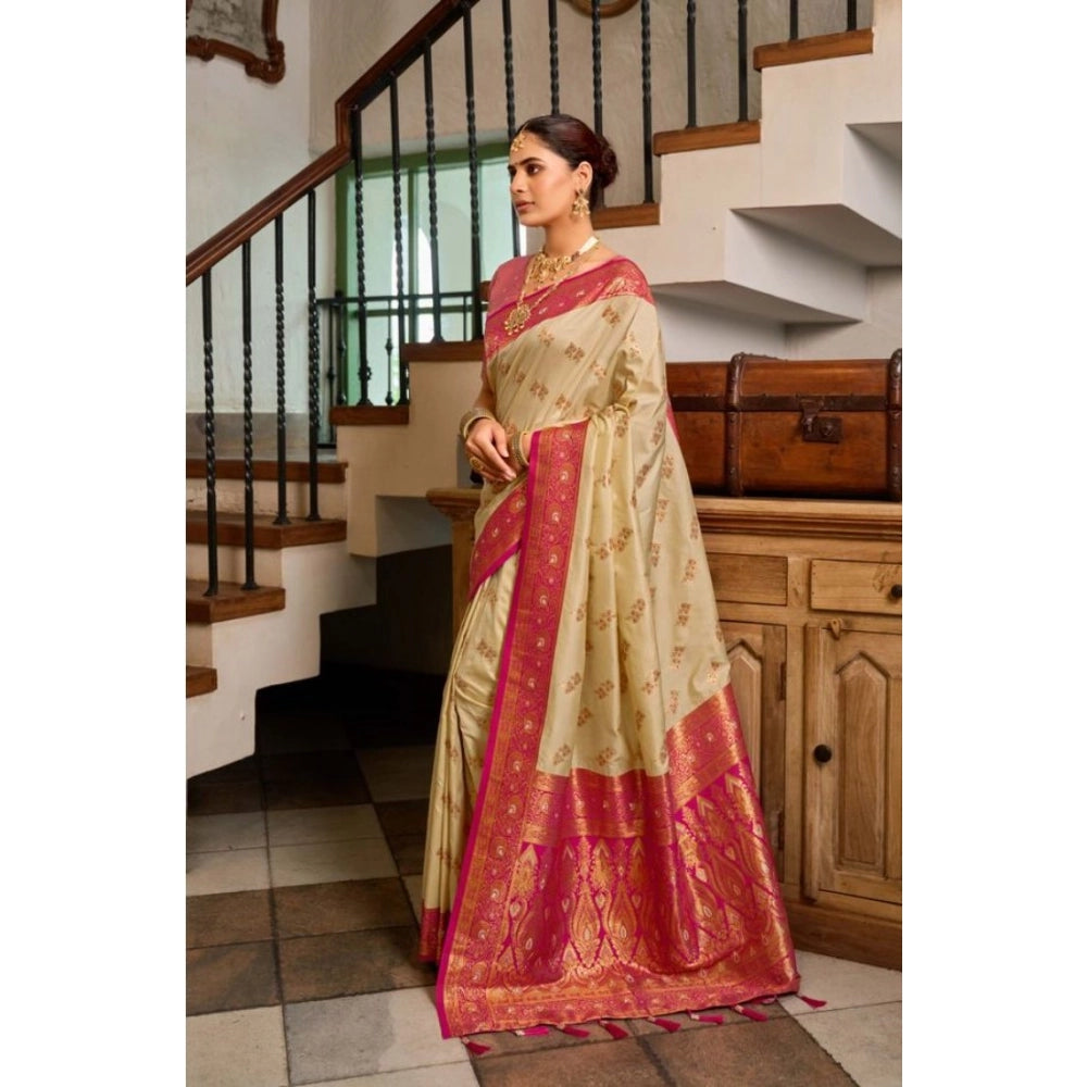 Women's Silk Blend Booti Work Ready to wear Saree With Unstitched Blouse 5.5Mtr (LightBeige) - VANSHELLE