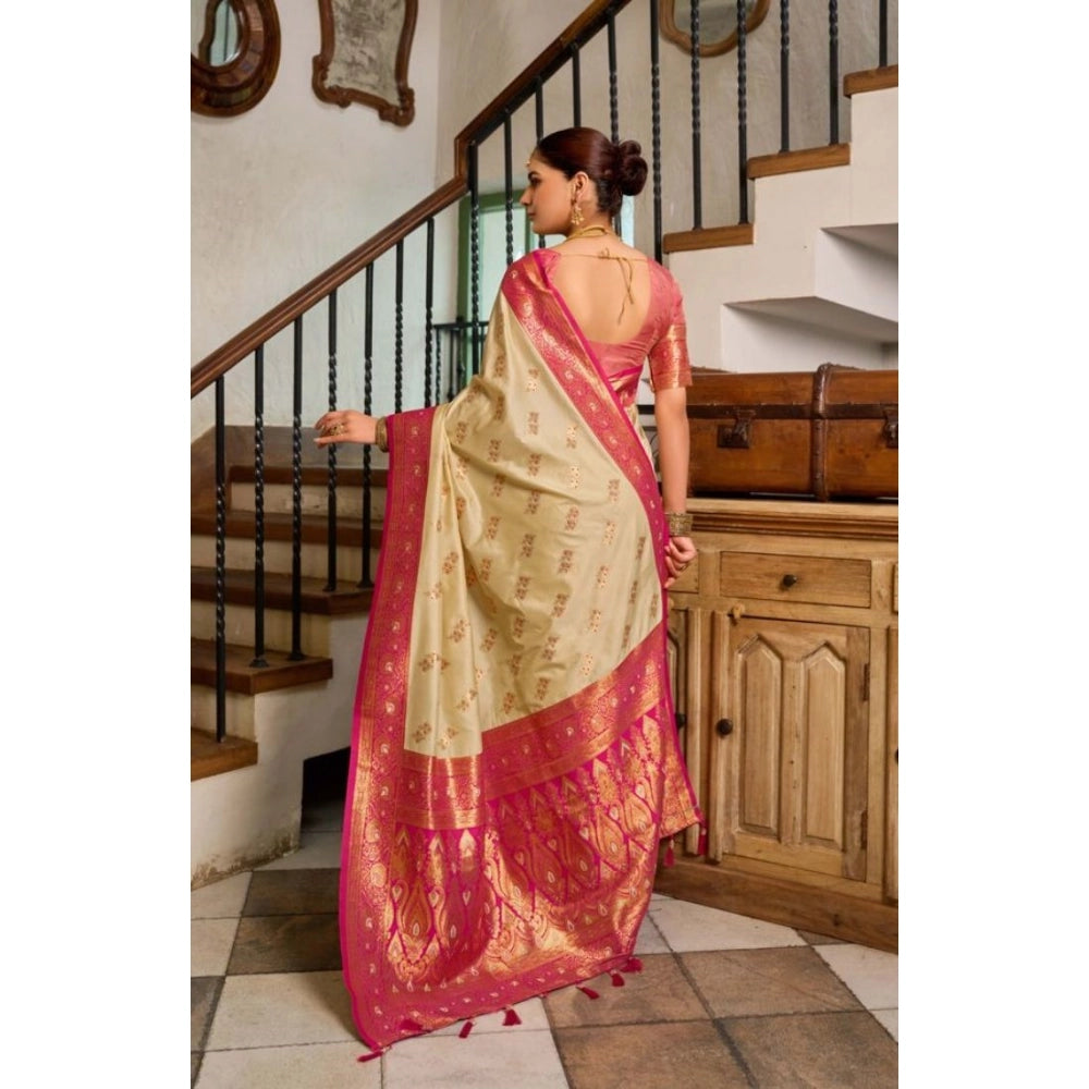 Women's Silk Blend Booti Work Ready to wear Saree With Unstitched Blouse 5.5Mtr (LightBeige) - VANSHELLE
