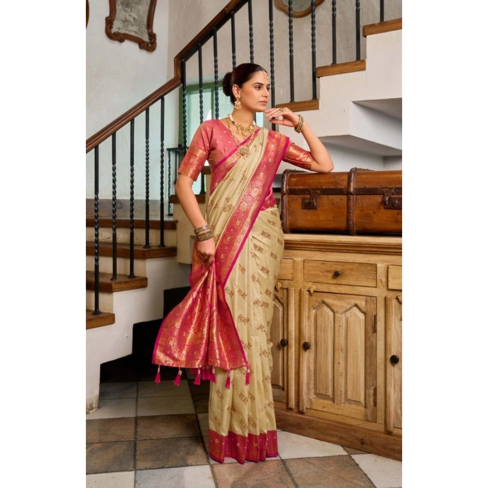 Women's Silk Blend Booti Work Ready to wear Saree With Unstitched Blouse 5.5Mtr (LightBeige) - VANSHELLE