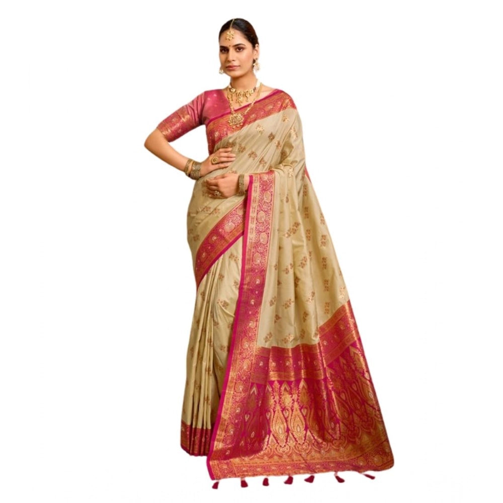 Women's Silk Blend Booti Work Ready to wear Saree With Unstitched Blouse 5.5Mtr (LightBeige) - VANSHELLE