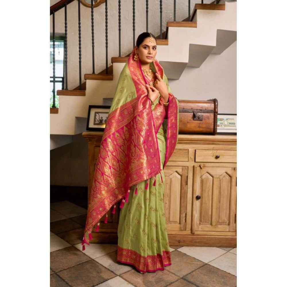 Women's Silk Blend Booti Work Ready to wear Saree With Unstitched Blouse 5.5Mtr (Green) - VANSHELLE
