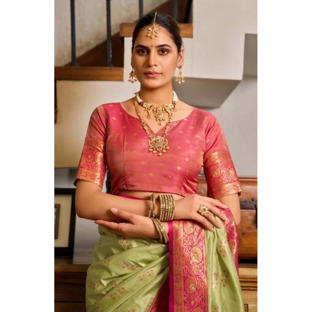 Women's Silk Blend Booti Work Ready to wear Saree With Unstitched Blouse 5.5Mtr (Green) - VANSHELLE