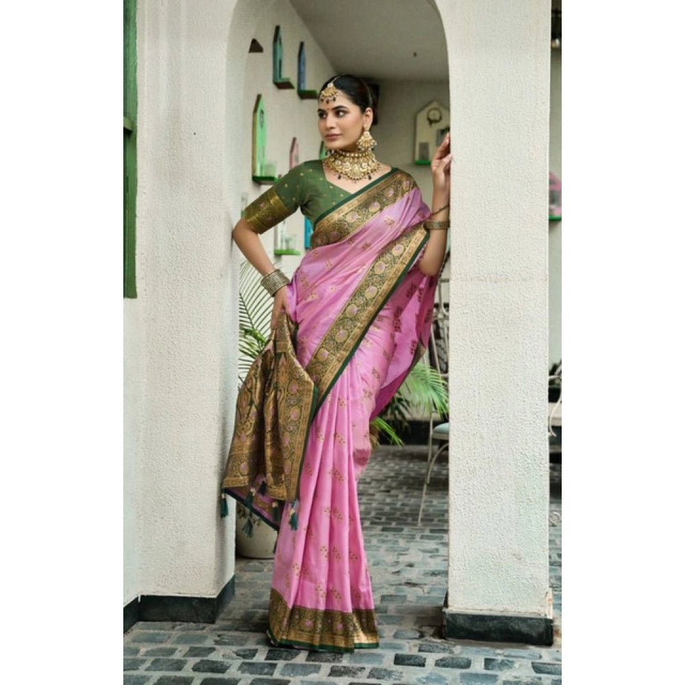Women's Silk Blend Booti Work Ready to wear Saree With Unstitched Blouse 5.5Mtr (LightPink) - VANSHELLE