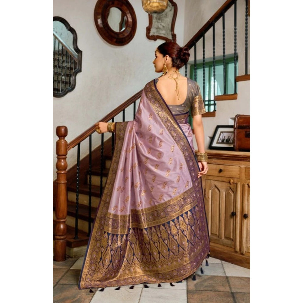 Women's Silk Blend Booti Work Ready to wear Saree With Unstitched Blouse 5.5Mtr (Lavender) - VANSHELLE