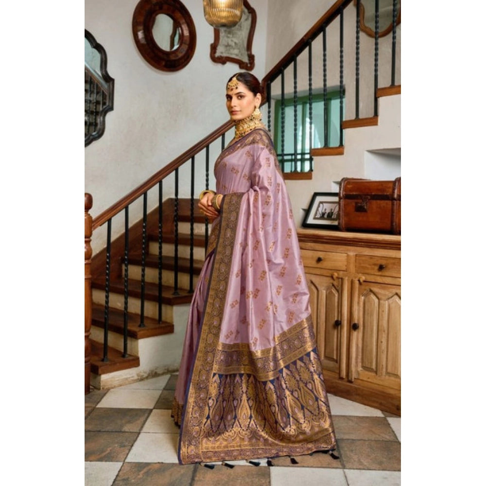 Women's Silk Blend Booti Work Ready to wear Saree With Unstitched Blouse 5.5Mtr (Lavender) - VANSHELLE