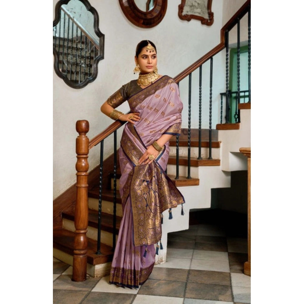 Women's Silk Blend Booti Work Ready to wear Saree With Unstitched Blouse 5.5Mtr (Lavender) - VANSHELLE