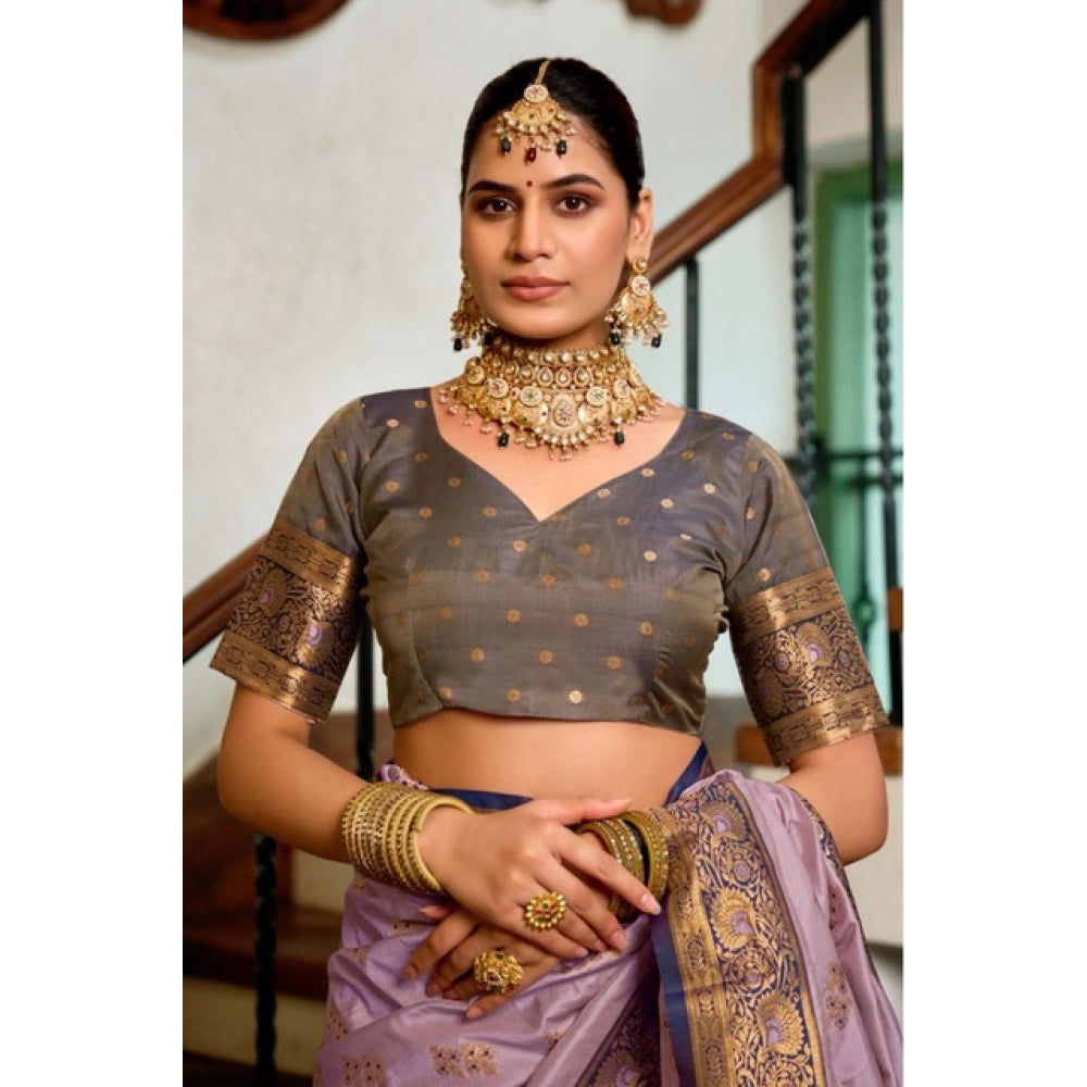 Women's Silk Blend Booti Work Ready to wear Saree With Unstitched Blouse 5.5Mtr (Lavender) - VANSHELLE