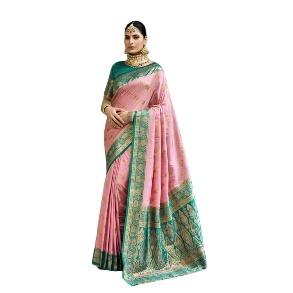Women's Silk Blend Booti Work Ready to wear Saree With Unstitched Blouse 5.5Mtr (Peach) - VANSHELLE