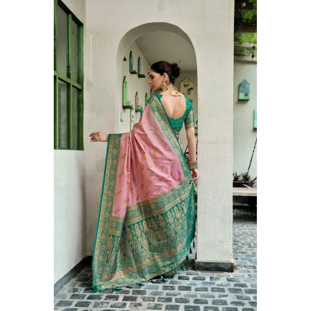 Women's Silk Blend Booti Work Ready to wear Saree With Unstitched Blouse 5.5Mtr (Peach) - VANSHELLE