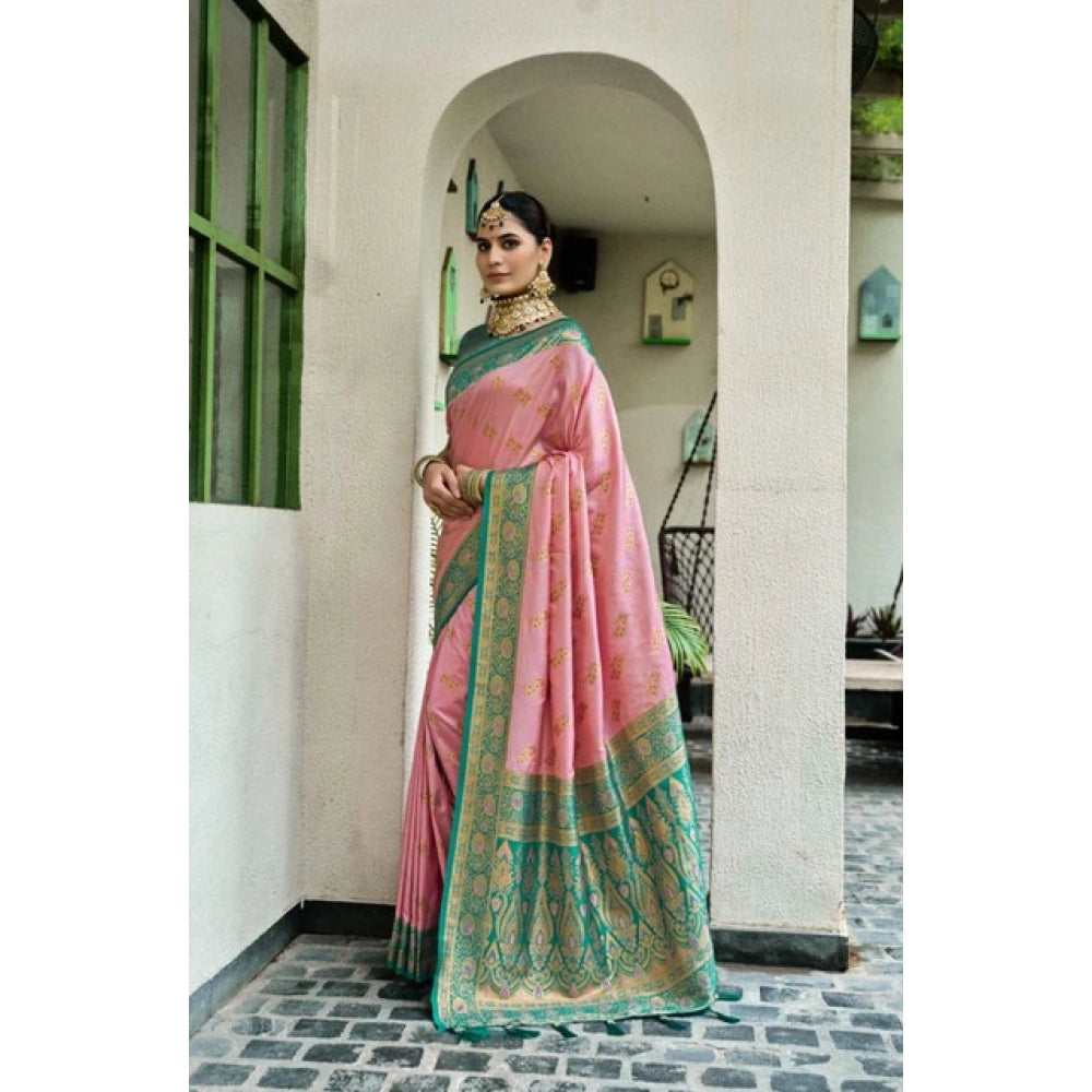 Women's Silk Blend Booti Work Ready to wear Saree With Unstitched Blouse 5.5Mtr (Peach) - VANSHELLE