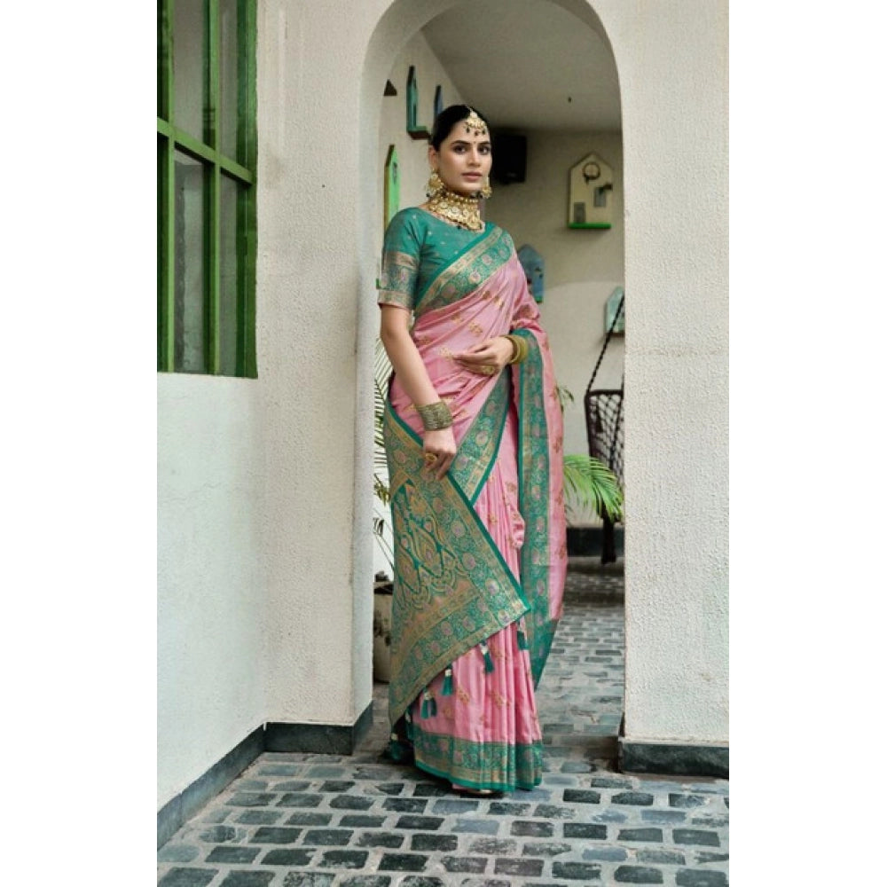 Women's Silk Blend Booti Work Ready to wear Saree With Unstitched Blouse 5.5Mtr (Peach) - VANSHELLE