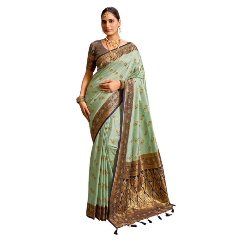 Women's Silk Blend Booti Work Ready to wear Saree With Unstitched Blouse 5.5Mtr (SeaGreen) - VANSHELLE