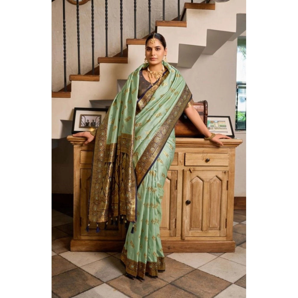 Women's Silk Blend Booti Work Ready to wear Saree With Unstitched Blouse 5.5Mtr (SeaGreen) - VANSHELLE