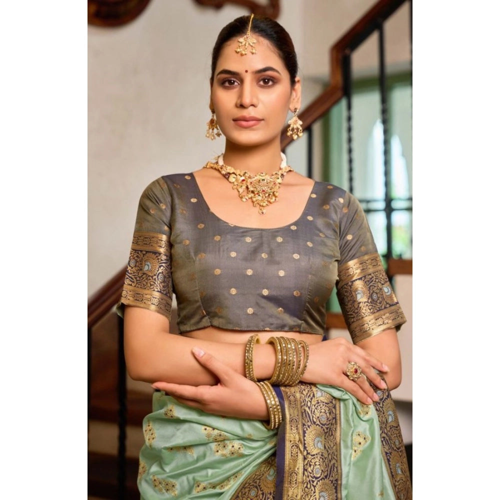 Women's Silk Blend Booti Work Ready to wear Saree With Unstitched Blouse 5.5Mtr (SeaGreen) - VANSHELLE