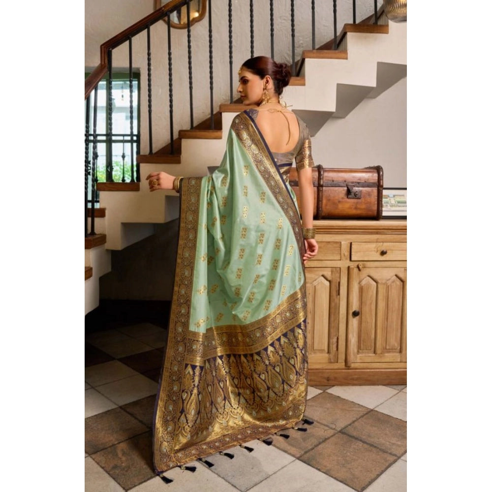 Women's Silk Blend Booti Work Ready to wear Saree With Unstitched Blouse 5.5Mtr (SeaGreen) - VANSHELLE